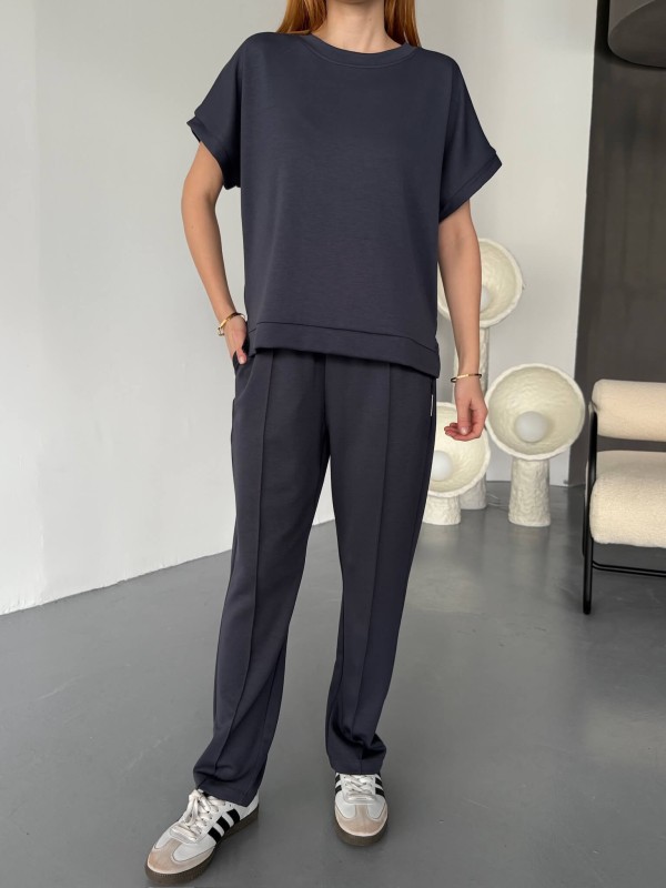 TKM-1114 Antrasit Modal Kumaş Kısa Kollu Bluz Havuç Model Çimalı Alt İkili Takım - 4