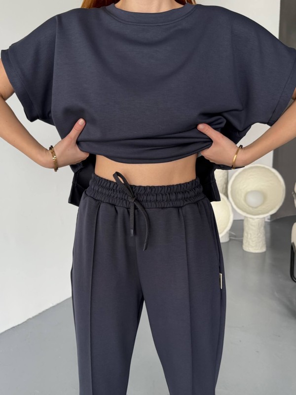 TKM-1114 Antrasit Modal Kumaş Kısa Kollu Bluz Havuç Model Çimalı Alt İkili Takım - 2