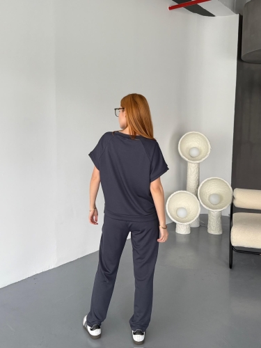 TKM-1114 Antrasit Modal Kumaş Kısa Kollu Bluz Havuç Model Çimalı Alt İkili Takım - 8