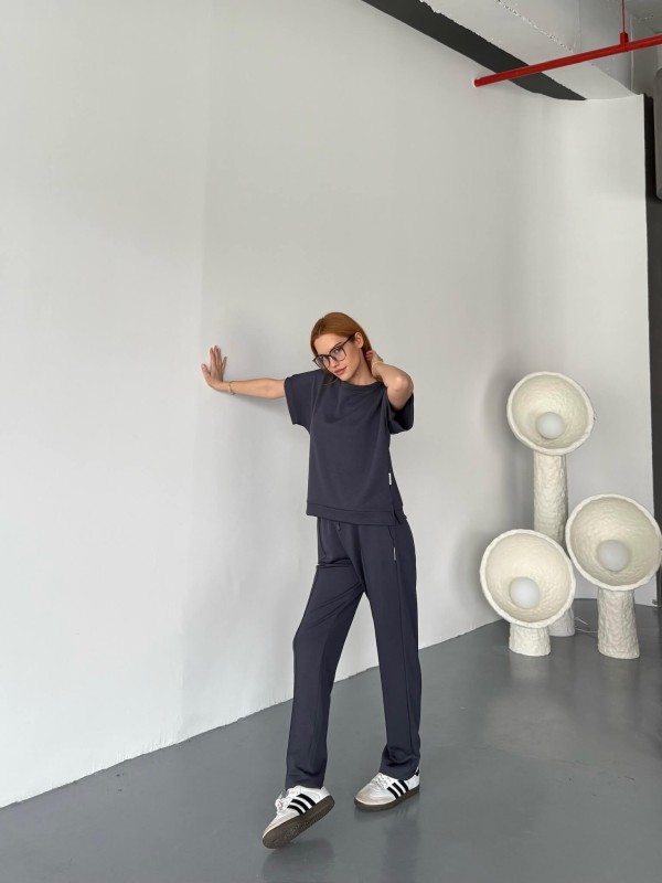 TKM-1114 Antrasit Modal Kumaş Kısa Kollu Bluz Havuç Model Çimalı Alt İkili Takım - 5