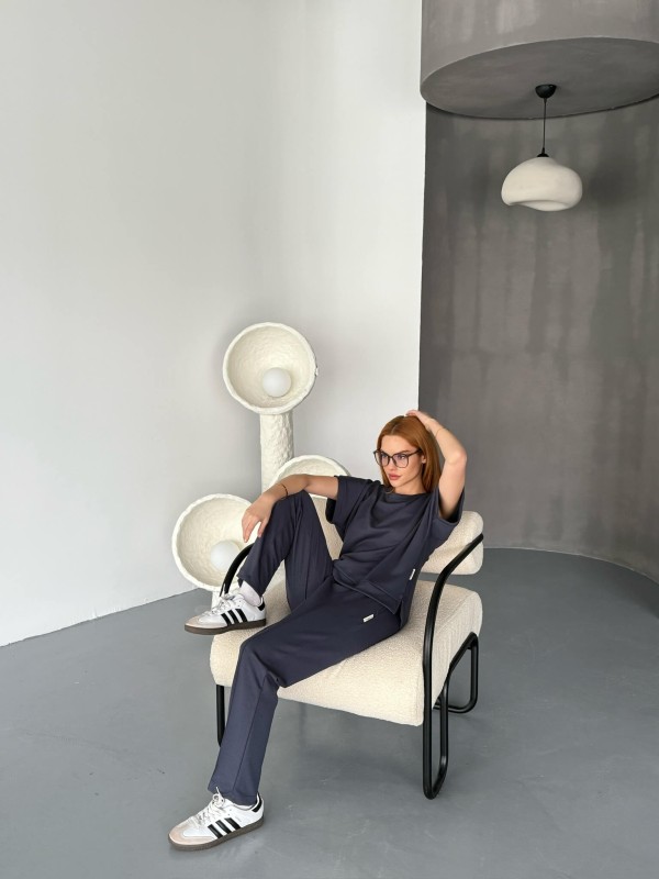 TKM-1114 Antrasit Modal Kumaş Kısa Kollu Bluz Havuç Model Çimalı Alt İkili Takım - 6