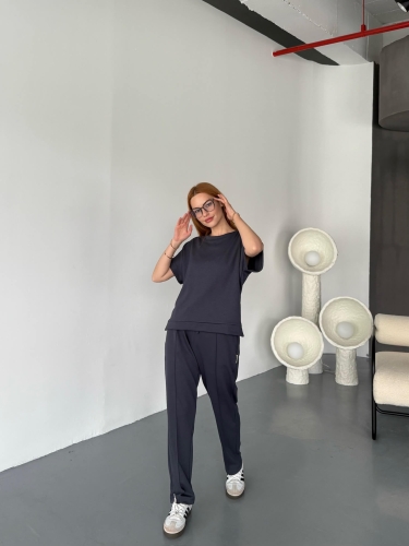 TKM-1114 Antrasit Modal Kumaş Kısa Kollu Bluz Havuç Model Çimalı Alt İkili Takım - 1