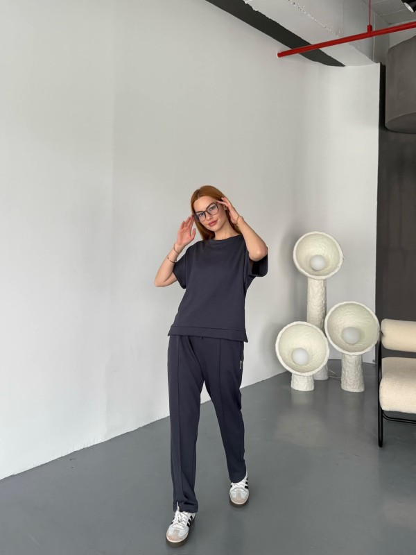 TKM-1114 Antrasit Modal Kumaş Kısa Kollu Bluz Havuç Model Çimalı Alt İkili Takım - 1