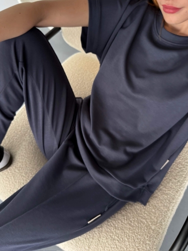 TKM-1114 Antrasit Modal Kumaş Kısa Kollu Bluz Havuç Model Çimalı Alt İkili Takım - 7