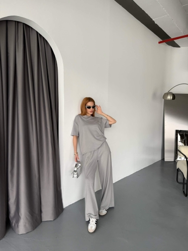 TKM-1114 Boyama Gri Modal Kumaş Kısa Kollu Bluz Havuç Model Çimalı Alt İkili Takım