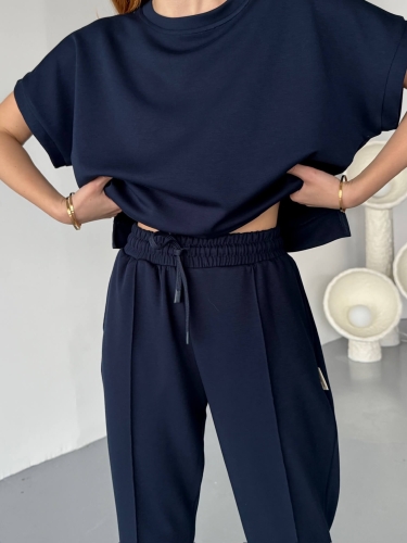TKM-1114 Lacivert Modal Kumaş Kısa Kollu Bluz Havuç Model Çimalı Alt İkili Takım - 3