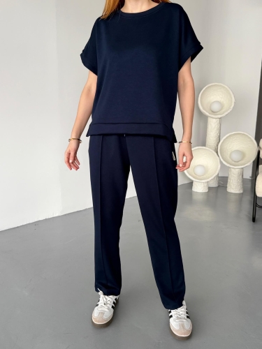 TKM-1114 Lacivert Modal Kumaş Kısa Kollu Bluz Havuç Model Çimalı Alt İkili Takım - 2