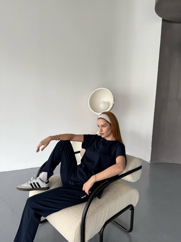 TKM-1114 Lacivert Modal Kumaş Kısa Kollu Bluz Havuç Model Çimalı Alt İkili Takım - 4