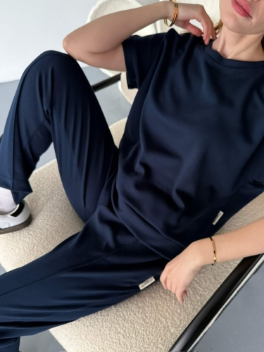 TKM-1114 Lacivert Modal Kumaş Kısa Kollu Bluz Havuç Model Çimalı Alt İkili Takım - 5