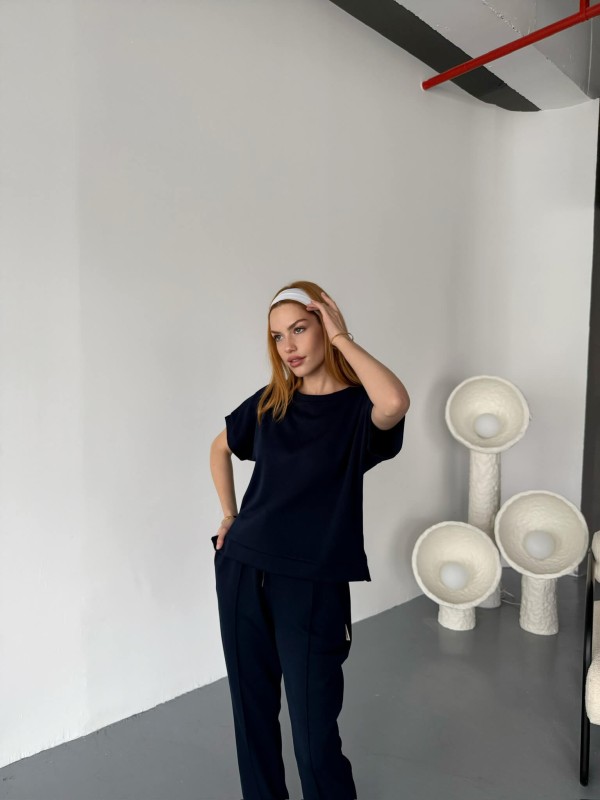 TKM-1114 Lacivert Modal Kumaş Kısa Kollu Bluz Havuç Model Çimalı Alt İkili Takım - 6