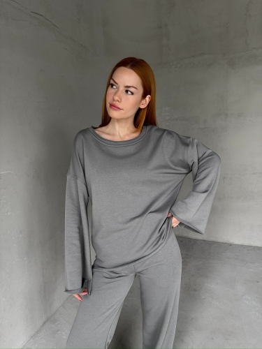 TKM-1201 Füme Pis Dikişli Salaş Model Bluz Palazzo Pantolon İki İplik Mevsimlik İkili Takım - 3