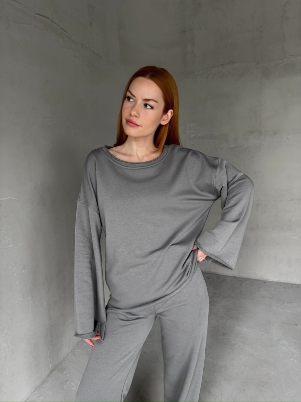 TKM-1201 Füme Pis Dikişli Salaş Model Bluz Palazzo Pantolon İki İplik Mevsimlik İkili Takım - 3