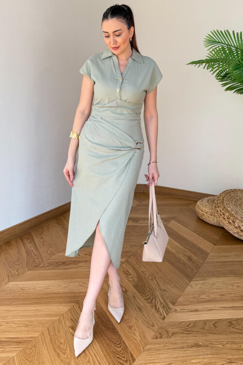 TKM-126101 Mint Polo Yaka Bluz & Toka Detaylı Etek Keten Takım