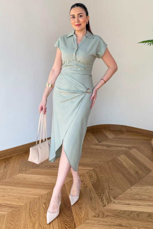 TKM-126101 Mint Polo Yaka Bluz & Toka Detaylı Etek Keten Takım - 3