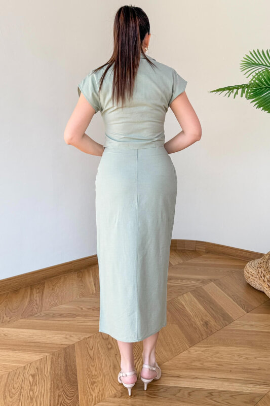 TKM-126101 Mint Polo Yaka Bluz & Toka Detaylı Etek Keten Takım - 4