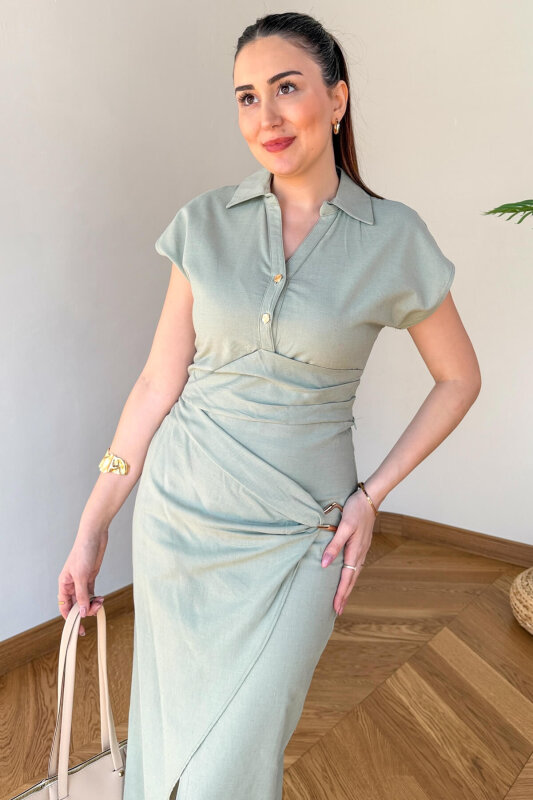 TKM-126101 Mint Polo Yaka Bluz & Toka Detaylı Etek Keten Takım - 2