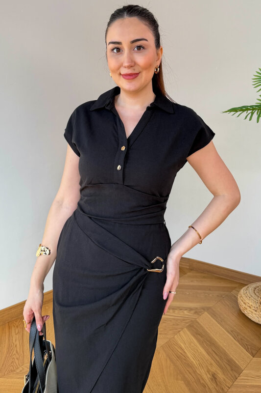 TKM-126101 Siyah Polo Yaka Bluz & Toka Detaylı Etek Keten Takım - 2