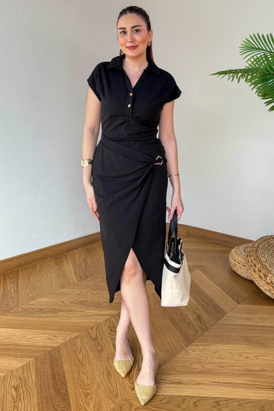 TKM-126101 Siyah Polo Yaka Bluz & Toka Detaylı Etek Keten Takım - 3