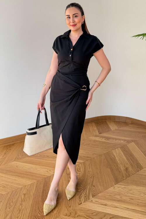 TKM-126101 Siyah Polo Yaka Bluz & Toka Detaylı Etek Keten Takım