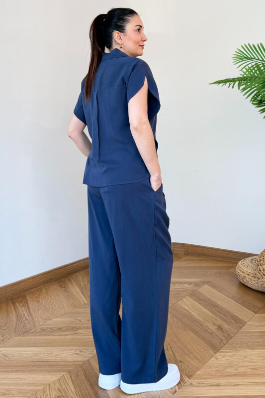 TKM-126102 İndigo Yarasa Kol Gömlek & Bel Lastikli Pantolon İkili Takım - 4
