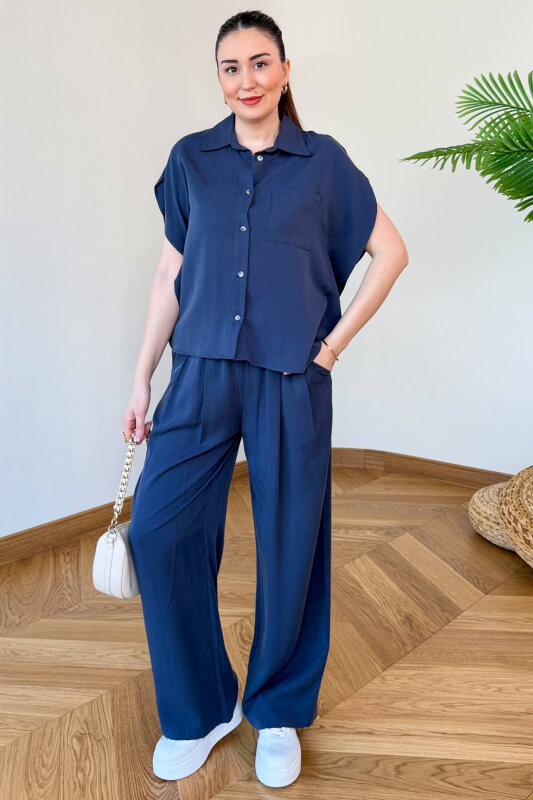 TKM-126102 İndigo Yarasa Kol Gömlek & Bel Lastikli Pantolon İkili Takım - 1