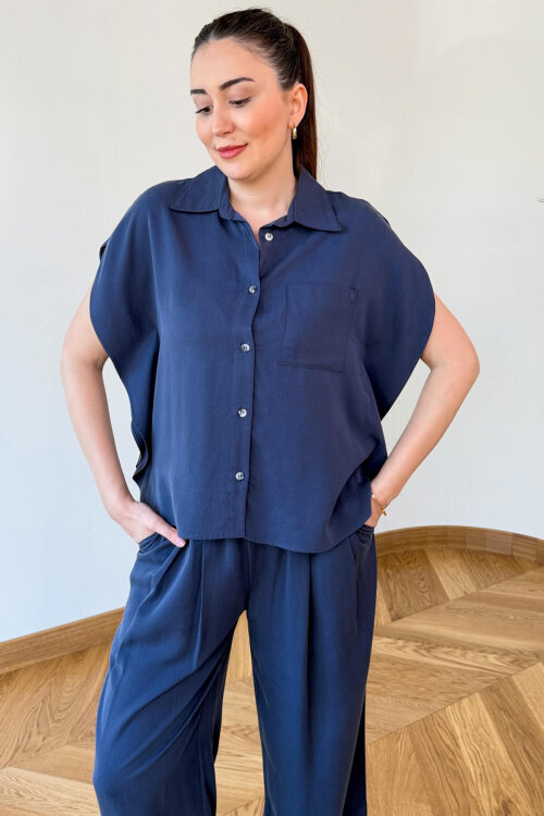 TKM-126102 İndigo Yarasa Kol Gömlek & Bel Lastikli Pantolon İkili Takım (1)