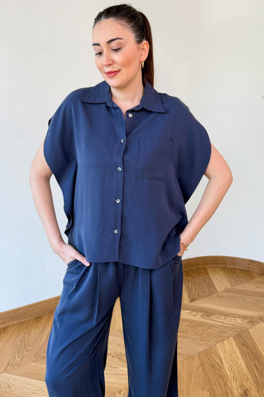 TKM-126102 İndigo Yarasa Kol Gömlek & Bel Lastikli Pantolon İkili Takım - 2