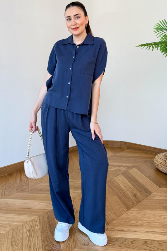 TKM-126102 İndigo Yarasa Kol Gömlek & Bel Lastikli Pantolon İkili Takım - 5