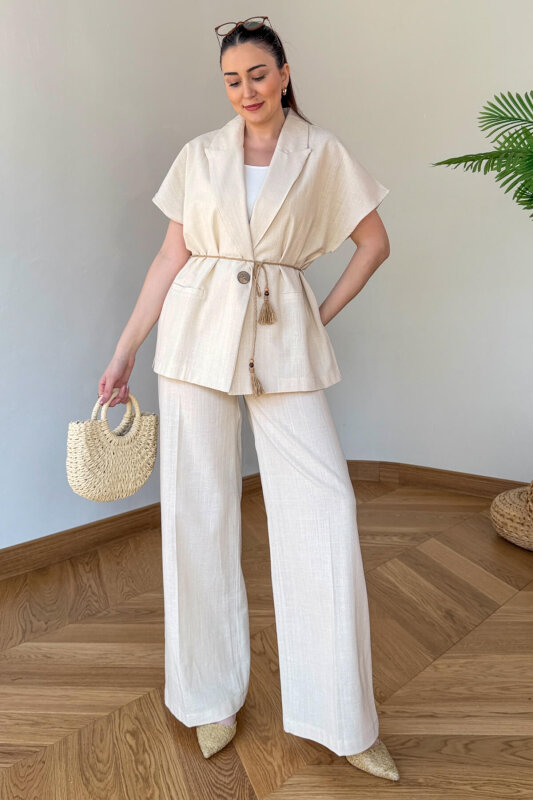 TKM-126111 Bej Yarasa Kol Kruvaze Ceket & Hasır Bağlamalı Keten Takım - 1