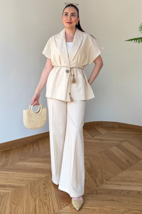 TKM-126111 Bej Yarasa Kol Kruvaze Ceket & Hasır Bağlamalı Keten Takım (1)