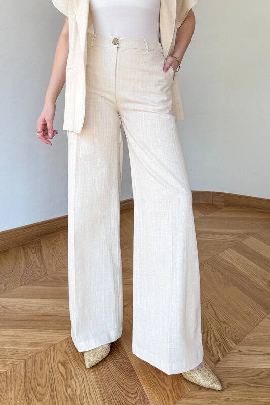 TKM-126111 Bej Yarasa Kol Kruvaze Ceket & Hasır Bağlamalı Keten Takım - 3