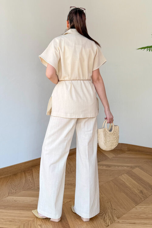 TKM-126111 Bej Yarasa Kol Kruvaze Ceket & Hasır Bağlamalı Keten Takım - 4