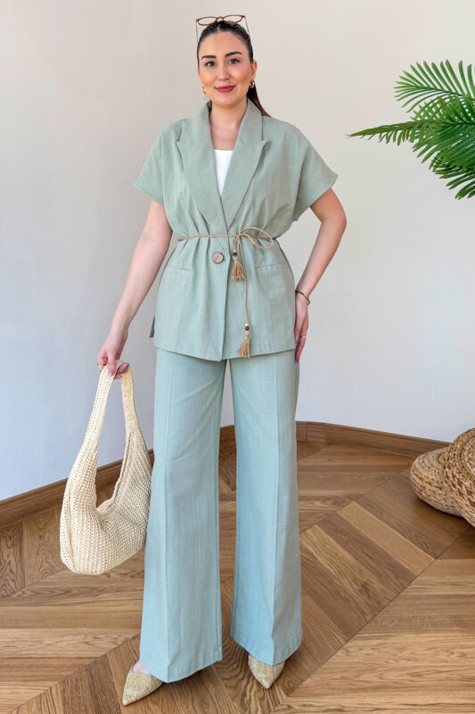 TKM-126111 Mint Yarasa Kol Kruvaze Ceket & Hasır Bağlamalı Keten Takım - 3