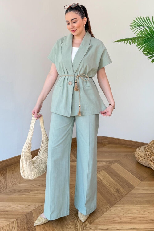 TKM-126111 Mint Yarasa Kol Kruvaze Ceket & Hasır Bağlamalı Keten Takım