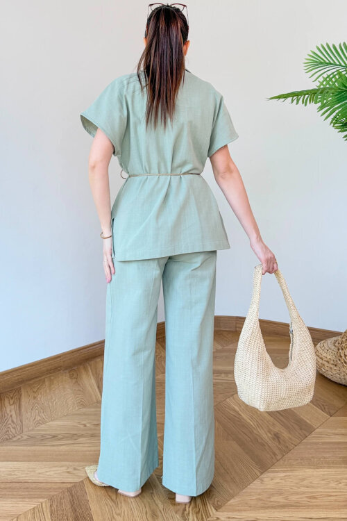 TKM-126111 Mint Yarasa Kol Kruvaze Ceket & Hasır Bağlamalı Keten Takım - 4