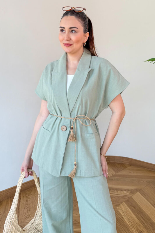 TKM-126111 Mint Yarasa Kol Kruvaze Ceket & Hasır Bağlamalı Keten Takım - 5