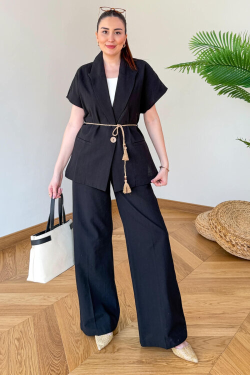 TKM-126111 Siyah Yarasa Kol Kruvaze Ceket & Hasır Bağlamalı Keten Takım - 3