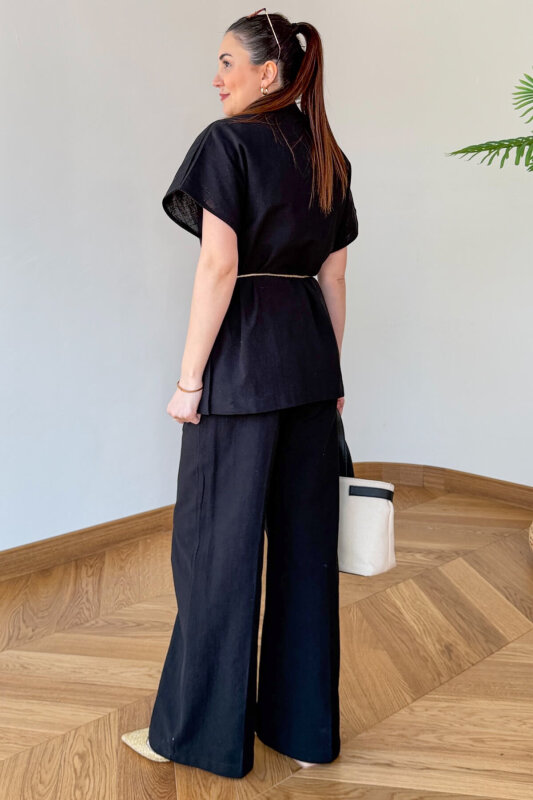 TKM-126111 Siyah Yarasa Kol Kruvaze Ceket & Hasır Bağlamalı Keten Takım - 4