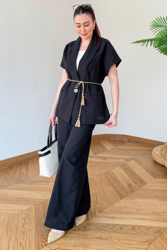 TKM-126111 Siyah Yarasa Kol Kruvaze Ceket & Hasır Bağlamalı Keten Takım - 1