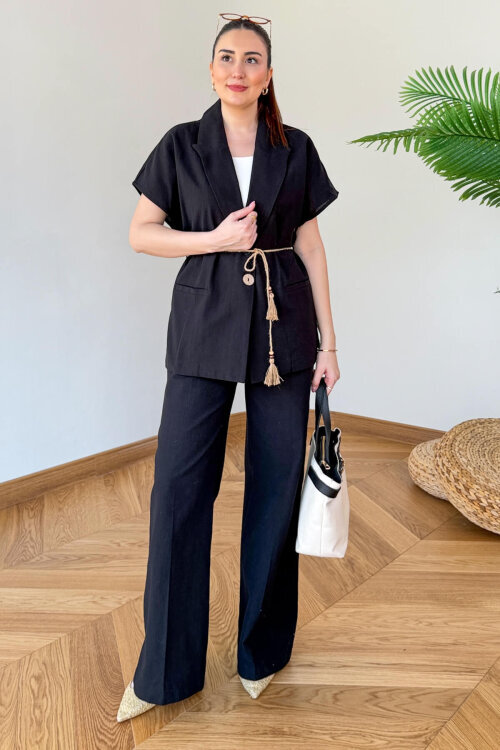 TKM-126111 Siyah Yarasa Kol Kruvaze Ceket & Hasır Bağlamalı Keten Takım - 5