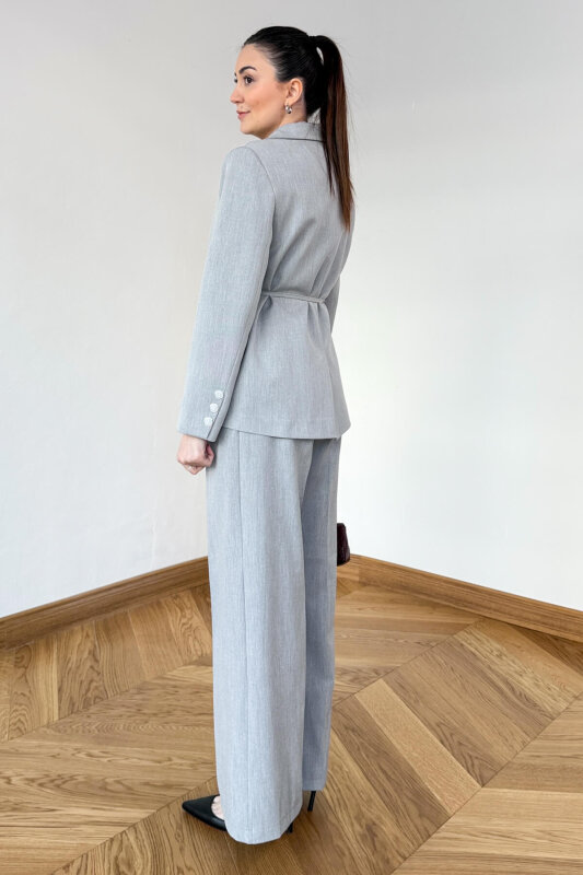 TKM-126701 Gri Bağlama Detaylı Blazer Ceket & Yüksek Bel Pantolon Takım - 4