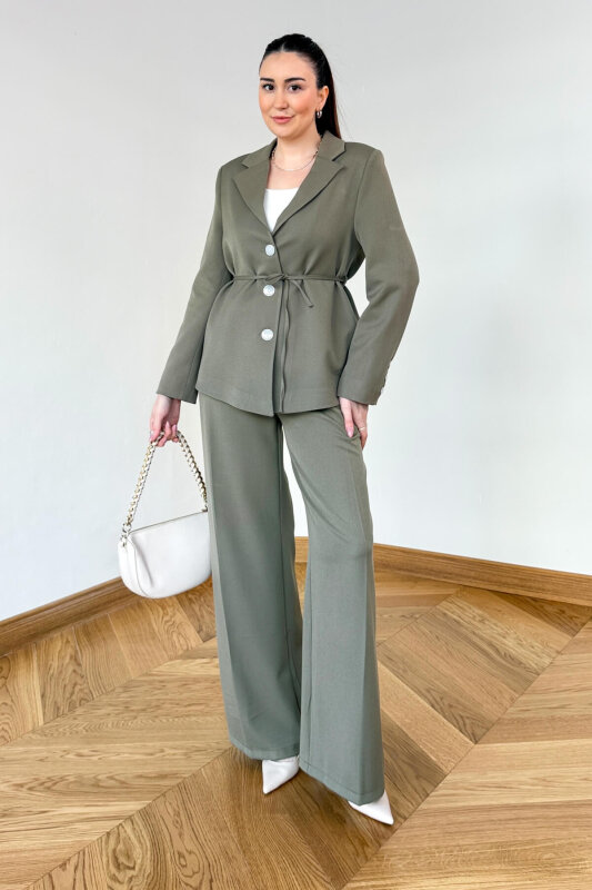 TKM-126701 Haki Bağlama Detaylı Blazer Ceket & Yüksek Bel Pantolon Takım - 5