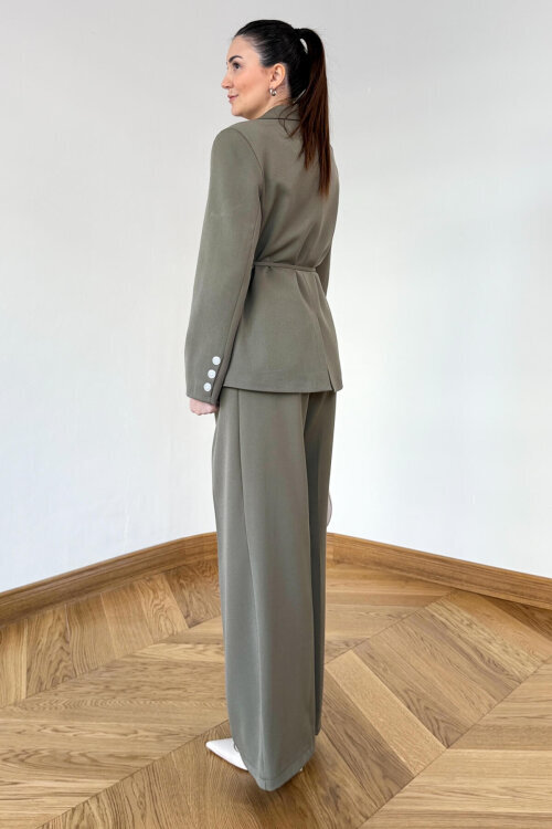 TKM-126701 Haki Bağlama Detaylı Blazer Ceket & Yüksek Bel Pantolon Takım - 3