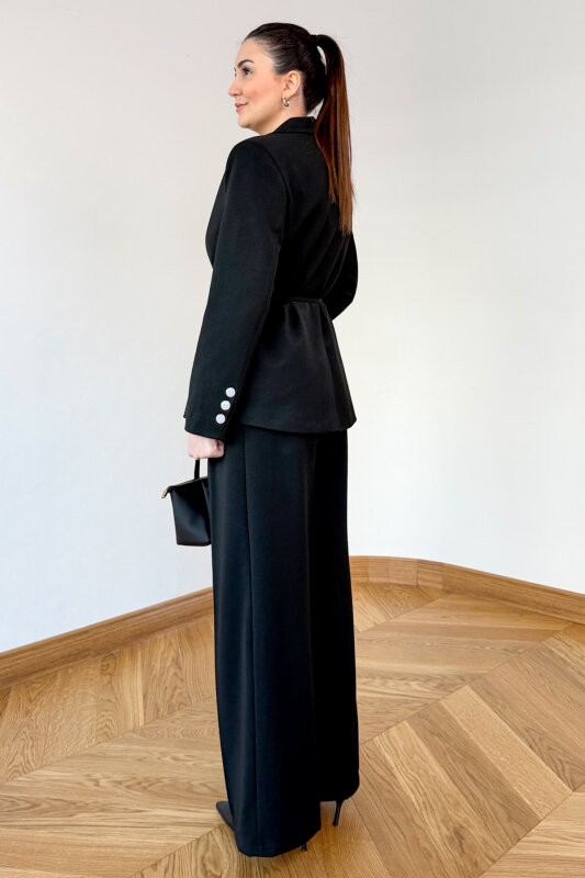 TKM-126701 Siyah Bağlama Detaylı Blazer Ceket & Yüksek Bel Pantolon Takım - 3