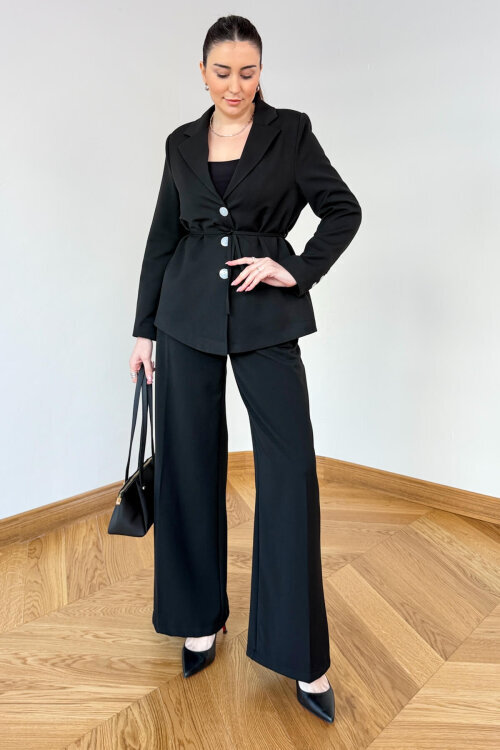 TKM-126701 Siyah Bağlama Detaylı Blazer Ceket & Yüksek Bel Pantolon Takım