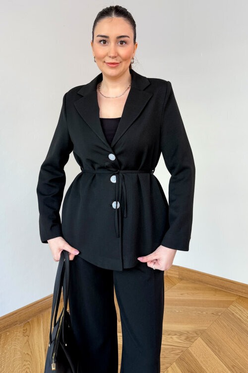 TKM-126701 Siyah Bağlama Detaylı Blazer Ceket & Yüksek Bel Pantolon Takım - 6