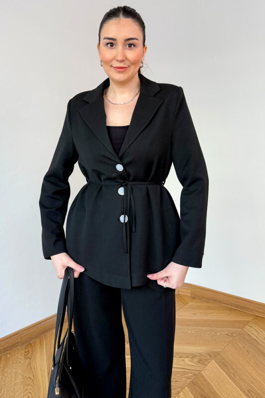 TKM-126701 Siyah Bağlama Detaylı Blazer Ceket & Yüksek Bel Pantolon Takım - 6