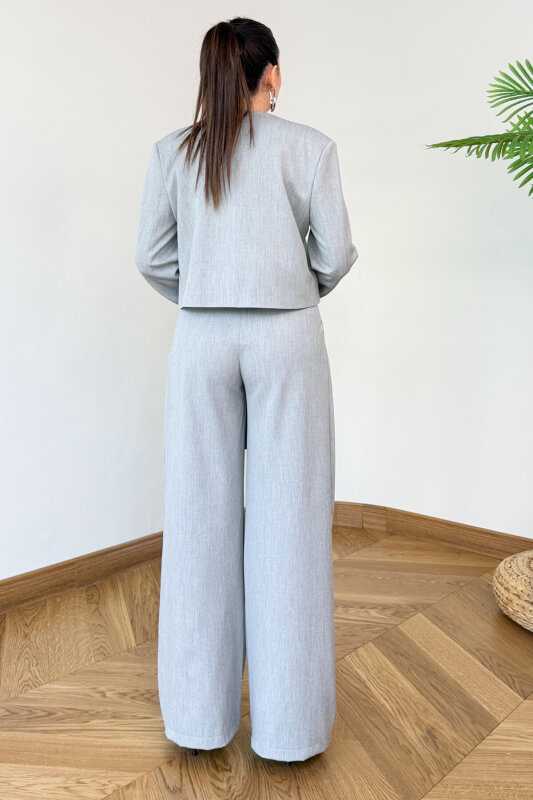 TKM-126702 Gri Crop Vatkalı Ceket & Yüksek Bel Pantolon Takımı - 2