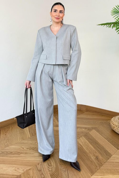 TKM-126702 Gri Crop Vatkalı Ceket & Yüksek Bel Pantolon Takımı - 3
