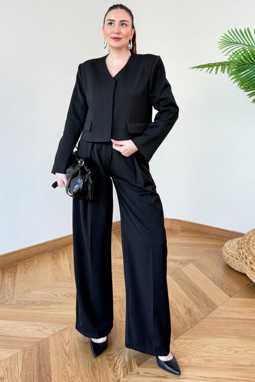TKM-126702 Siyah Crop Vatkalı Ceket & Yüksek Bel Pantolon Takımı - 3